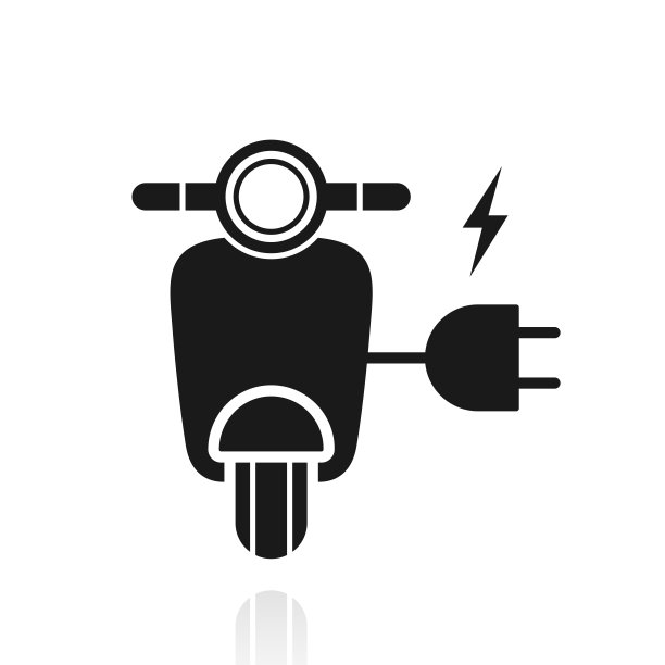 带插头的电动摩托车。白色背景上反射的图标图片下载