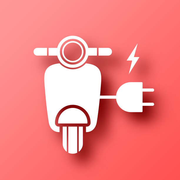 带插头的电动摩托车。图标在红色背景与阴影图片下载