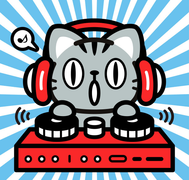 可爱的小猫角色设计，戴着耳机在转盘上玩耍图片下载