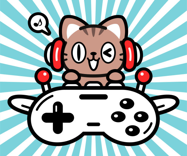 可爱的角色设计，一只小猫戴着耳机，驾驶着一架由游戏控制器制成的飞机图片下载