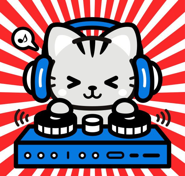 可爱的小猫角色设计，戴着耳机在转盘上玩耍图片下载