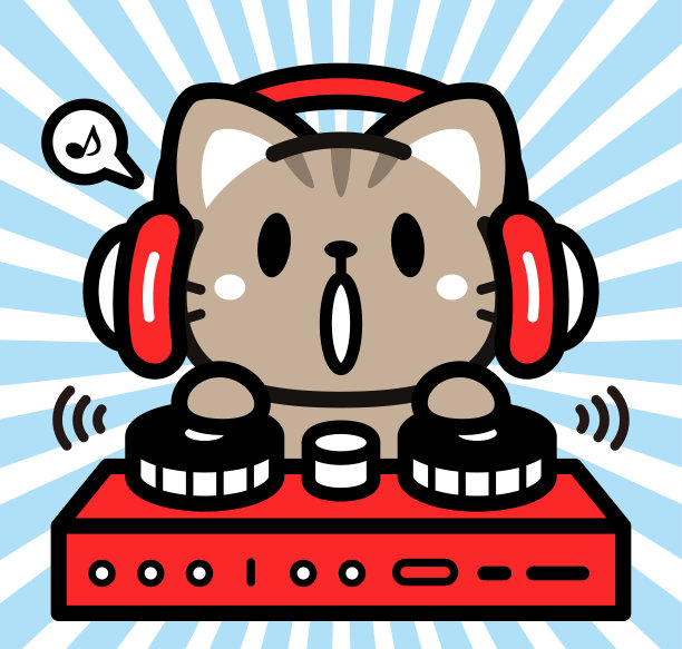 可爱的角色设计，一只小猫戴着耳机，在唱盘上演奏图片下载