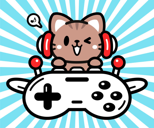 戴着耳机、驾驶游戏手柄飞机的可爱小猫角色设计图片下载
