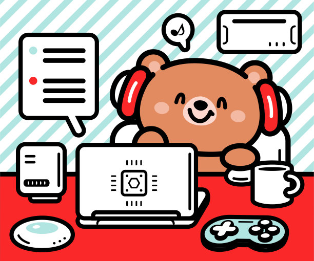 可爱的棕熊坐在桌前使用笔记本电脑，利用AI享受科技图片下载