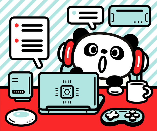 一只可爱的熊猫坐在书桌前，使用笔记本电脑，与人工智能一起工作，享受科技图片下载