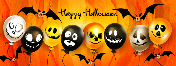 节日概念，卡通风格的万圣节派对!万圣节促销海报或横幅与幽灵般的空气拟人化气球和蝙蝠在抽象的南瓜背景。图片下载