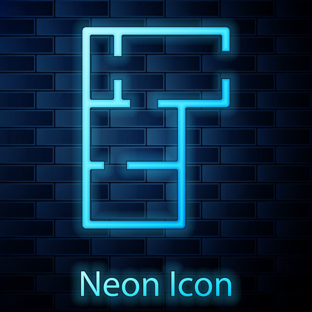 发光的霓虹灯房子计划图标孤立在砖图片下载