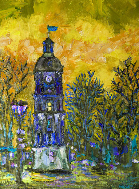 时尚的冬季插画现代艺术作品寓言油画象征垂直景观印象派建筑钟楼电灯灯笼城市广场在阴影的黄色图片下载