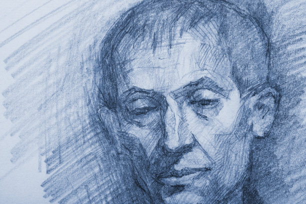 插图铅笔画老人的肖像在蓝色色调图片下载