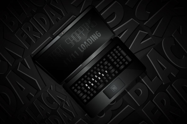 现代风格的季节性销售概念。“黑色星期五”。笔记本电脑与3D标签在一个黑暗的抽象背景与3D文本。时尚的创意模板或横幅。图片下载