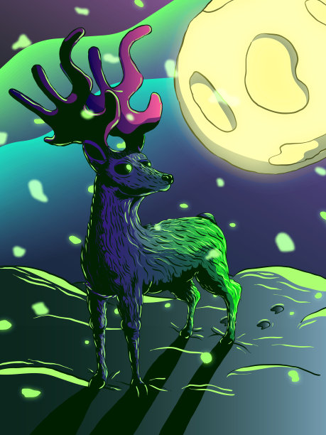 卡通冬季插图-驯鹿在晚上的雪。图片下载