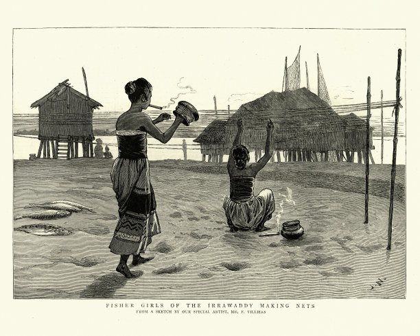 1886年，缅甸伊洛瓦底江的渔民女孩在制作渔网图片下载