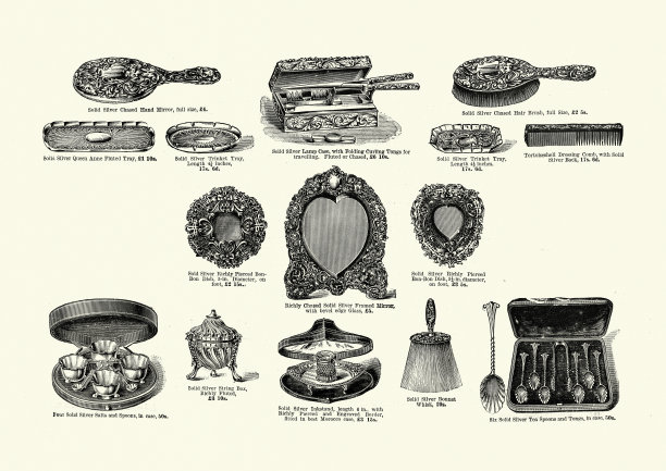 维多利亚晚期的银器，梳子，镜子，梳子，勺子图片下载