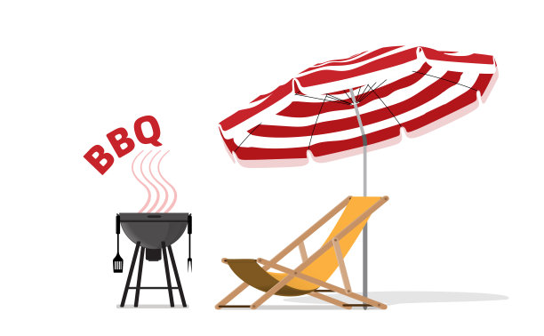 矢量插图的复古大篷车与沙滩椅，烧烤架和阳伞。图片下载