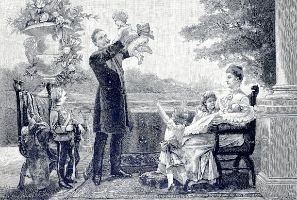 德皇威廉二世和他的家人在花园露台上享受休闲时光图片下载