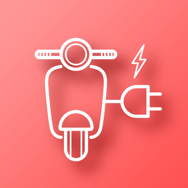 带插头的电动摩托车。图标在红色背景与阴影图片下载