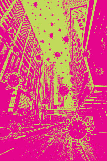 空无一人的街道，空气中漂浮着COVID-19病毒图片下载