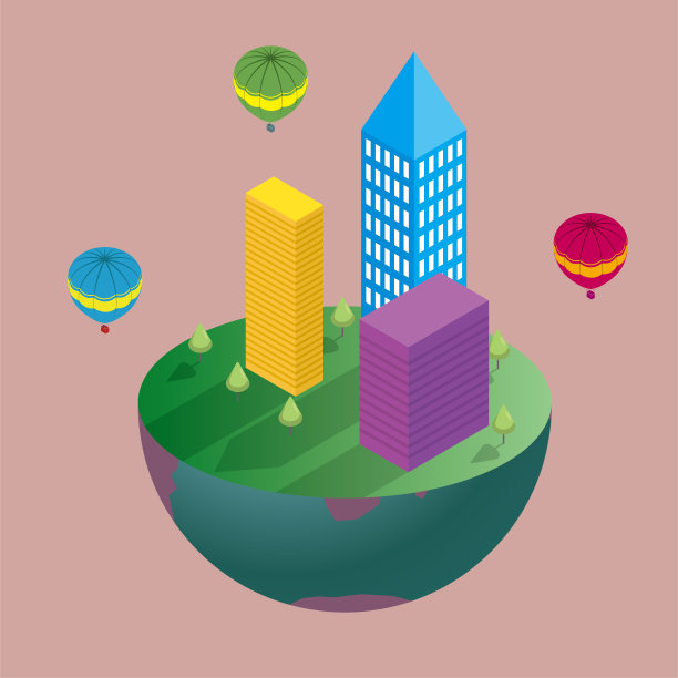 这座城市建筑位于南半球的一个部分上，空中有三个热气球。图片下载