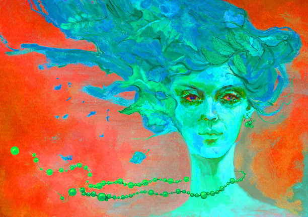 插图油画肖像的一个女孩的发型的绿叶和成熟的浆果珠对着天空图片下载