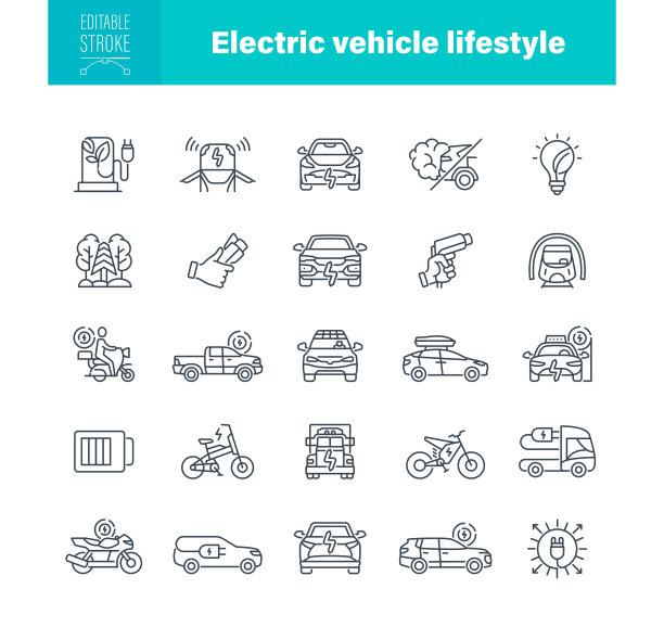 电动汽车生活方式的偶像。可编辑的中风。包含图标为太阳能，汽车，树叶，可持续运输图片下载