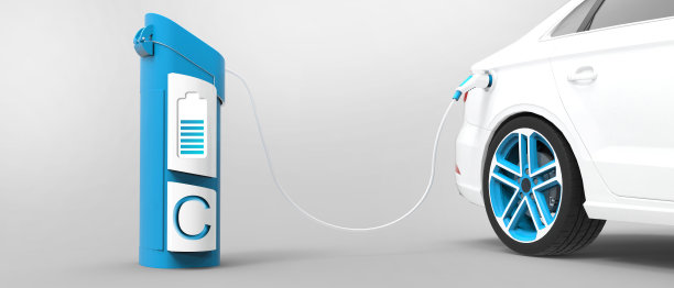 电动汽车充电站是为白色电动汽车连接的绿色能源和生态动力的电站充电器电池的概念。电源线插好，技术，加载，电-3d渲染图片下载