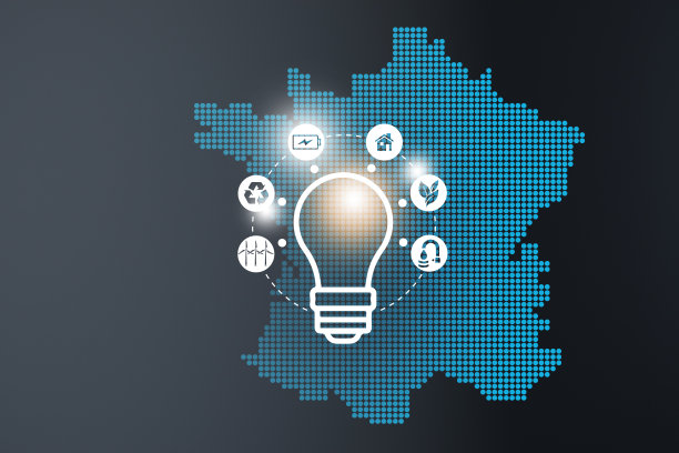 节能的概念。能源创新与未来工业发电图标图形界面。交互式地图法国在蓝色背景图片下载