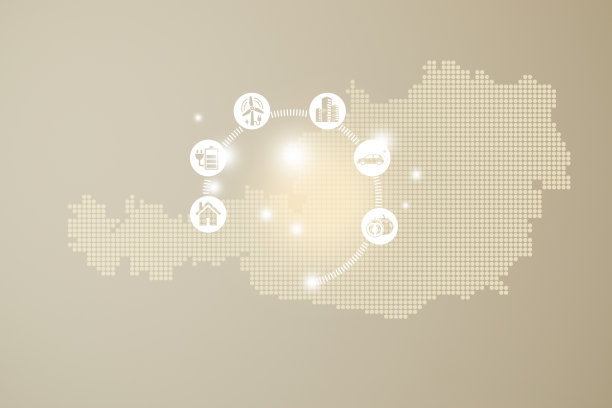 节能的概念。能源创新与未来工业发电图标图形界面。奥地利互动地图上的米色背景图片下载