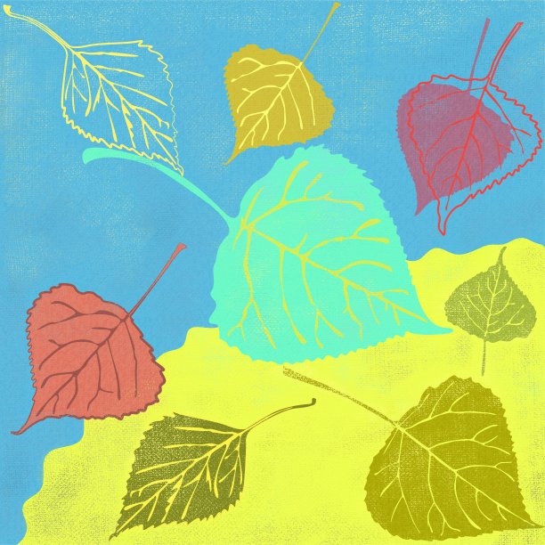 五颜六色的秋天叶子在两色的背景，与不同程度的绘画和细节图片下载