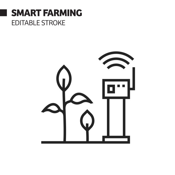 智能农业线图标，轮廓矢量符号插图。完美像素，可编辑的描边。图片下载