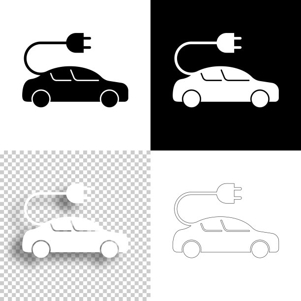 带插头的电动汽车。图标设计。空白，白色和黑色背景-线图标图片下载