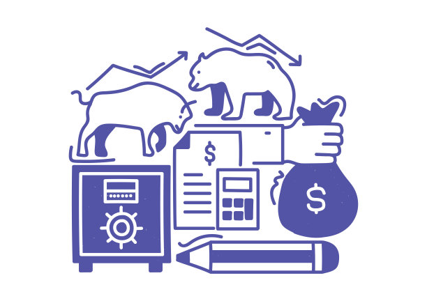 投资相关的手绘矢量涂鸦设计。漂亮的手绘设计与牛和熊。投资，股票市场，财务自由等现成的模板在许多领域。图片下载