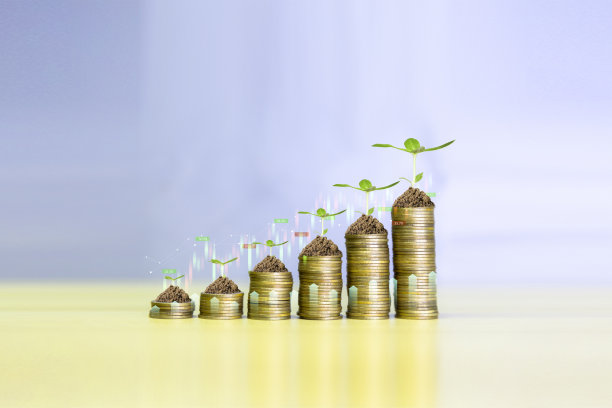 硬币被摆成图表。一堆金币和一棵长着的树。商业投资增长。复利概念日益强大。事业成功财富股票投资。图片下载
