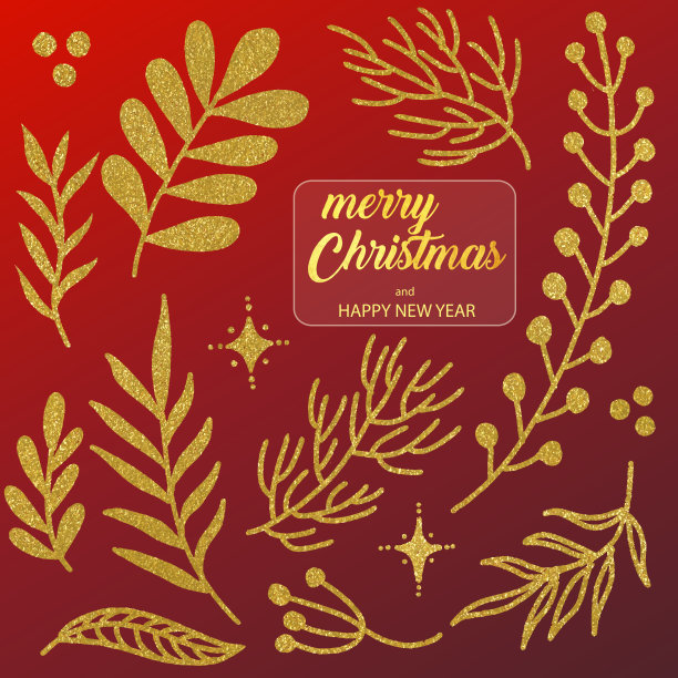 圣诞和新年贺卡。圣诞饰品的设计元素。金色圣诞卡设计模板与冬季植物，冷杉，云杉，松树树枝。图片下载
