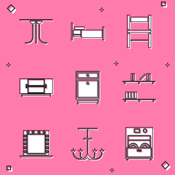 设置圆桌，床，椅子，电视，台架家具图片下载