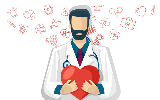 救护车概念，扁平风格的医疗保健。医生拿着一个白色背景上有医学图标的心脏。图片下载