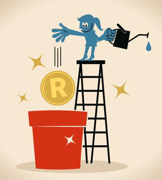 女商人站在梯子上播种和浇灌金钱种子(南非兰特货币)图片下载