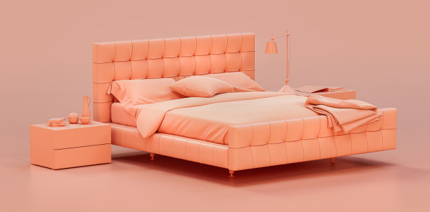 单色卧室，带有双人床和侧桌，单色室内平面风格，3d渲染图片下载