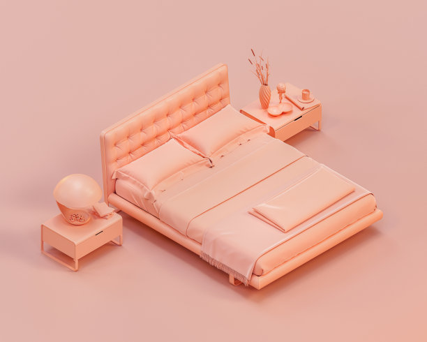 等距单色卧室，有一张双人床，侧桌单色室内3d渲染图片下载