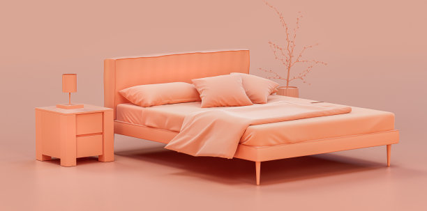 单色卧室，带有双人床和侧桌，单色室内平面风格，3d渲染图片下载