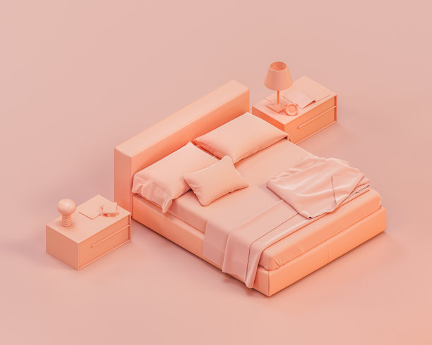 等距单色卧室，有一张双人床，侧桌单色室内3d渲染图片下载