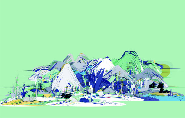 矢量涂鸦风格的中国山水画插图，山在自然图片下载