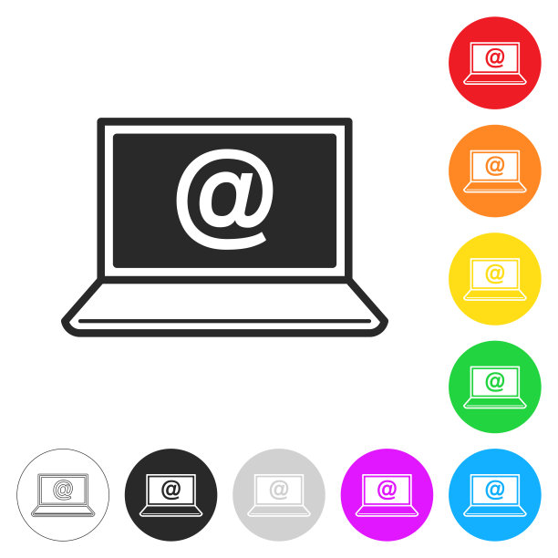 带At符号的笔记本电脑。彩色按钮上的图标图片下载