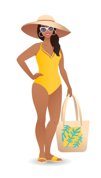 穿着泳衣，戴着太阳帽的年轻女子图片下载