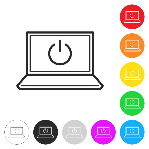 带电源按钮的笔记本电脑。彩色按钮上的图标图片下载