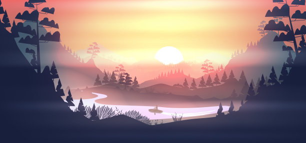 湖上泛舟松林，山中日落图片下载