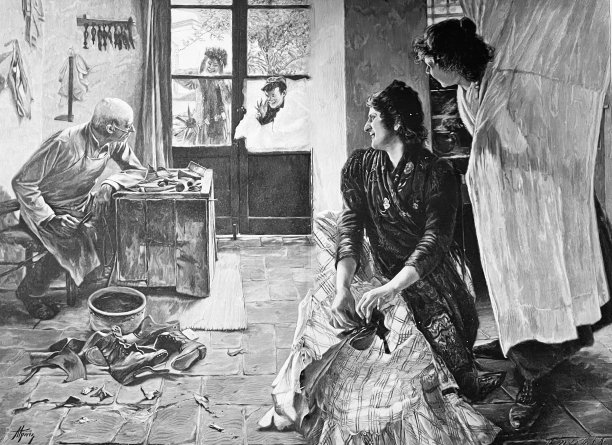 两个女人在鞋匠的作坊里，两个男孩在外面敲窗户图片下载