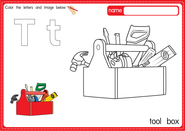 矢量插图的儿童字母着色书页与概述剪贴画，以颜色。字母T代表工具箱。图片下载