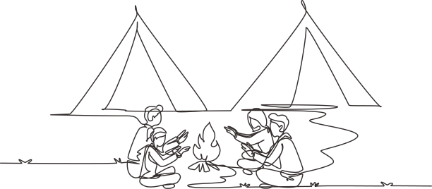 单线画两对情侣露营图片下载