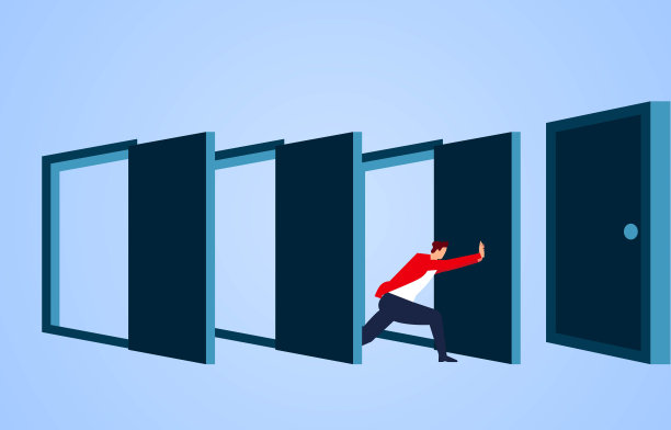 商人推开一扇又一扇紧闭的大门，不断迎接新的机遇和挑战，事业和事业发展，开启成功之门。图片下载