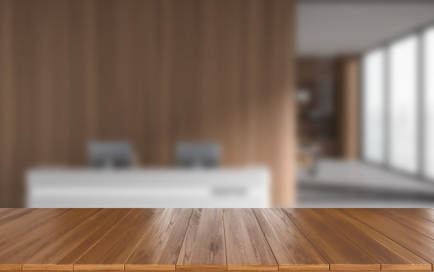 办公室接待室内背景模糊的空木桌图片下载